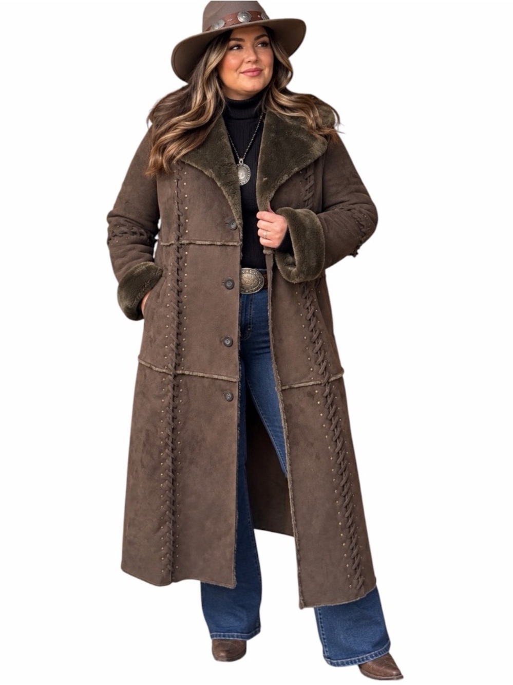 Dennis by Dennis Basso 1X Brown Faux Shearling Long Maxi Coat Western Boho